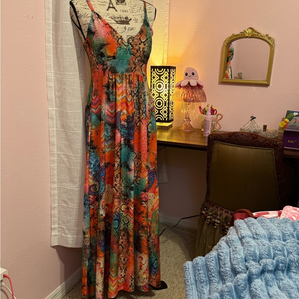 Sleeveless Multicolor Print Maxi Dress - Vibrant Orange & Teal